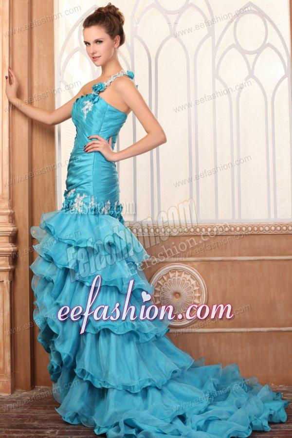 One Shoulder Appliques and Ruffles Layered Column Prom Dress in Teal