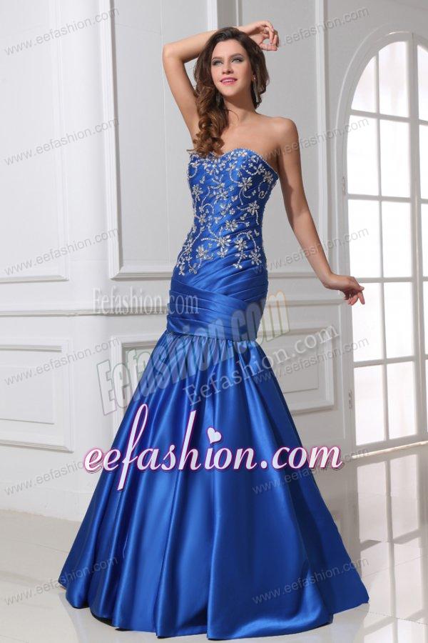 Sexy Mermaid Sweetheart Floor-length Blue Taffeta Prom Dress with Beading