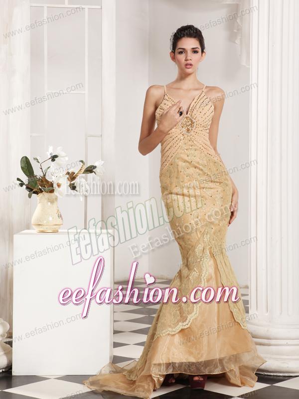 Mermaid Straps Champagne Appliques and Beading Brush Train Prom Dress
