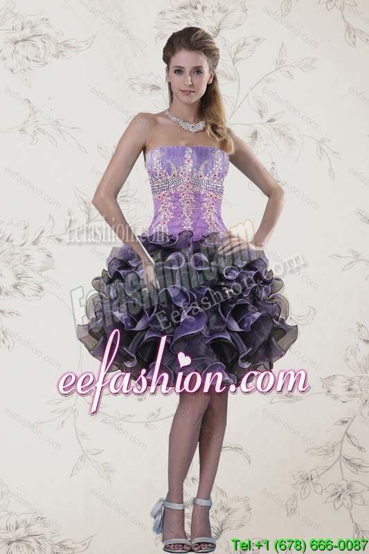 In Stock Strapless Multi Color Prom Dresses with Ruffles and Appliqeues