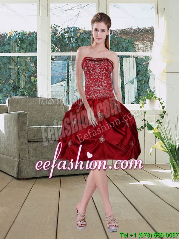 Wine Red Sexy Strapless 2015 Prom Dresses with Embroidery