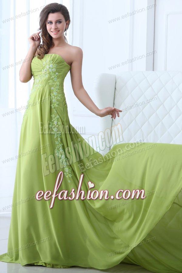Empire Strapless Yellow Green Appliques and Ruching Prom Dress