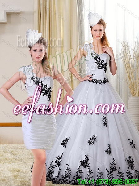 2015 One Shoulder Sweetheart White and Black Quinceanera Dress with Appliques