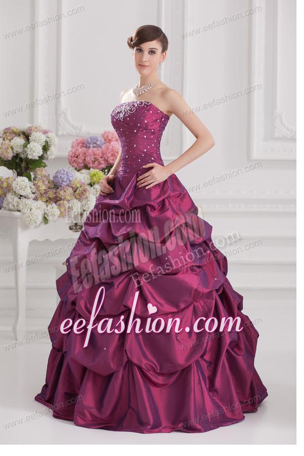 Ball Gown Strapless Taffeta Purple Quinceanera Dress with Beading and Pick-ups