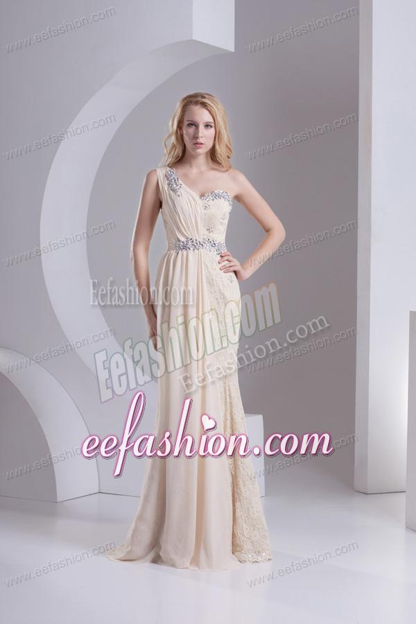 Column One Shoulder Chiffon and Lace Beading Ruching Ivory Prom Dress