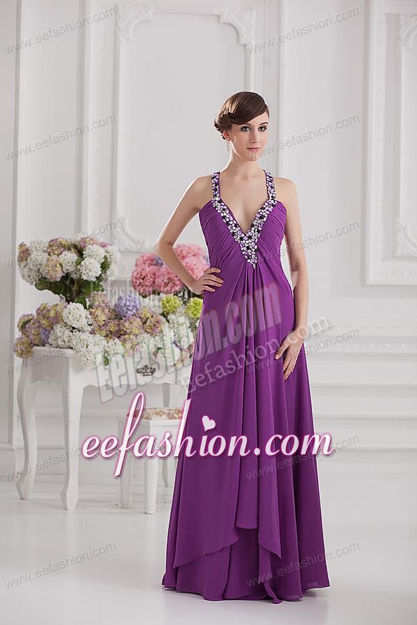 Eggplant Purple Empire V-neck Criss-cross Prom Dress with Beading