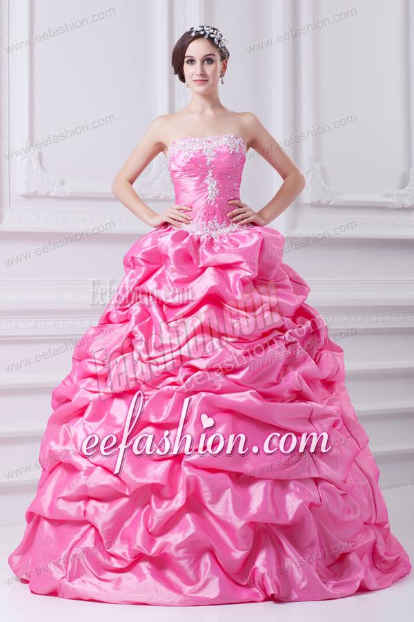 Pretty Rose Pink Strapless Appliques 2014 Quinceanera Dress with Appliques