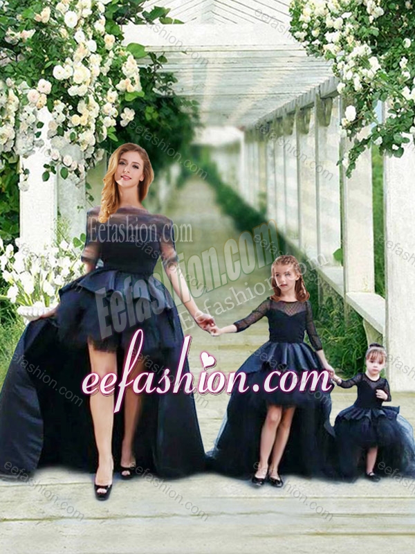 Cheap Prom Dress with Bateau and Gorgeous See Through 3/4 Length Sleeves Little Girl Dress with Scoop and New Style High Low Tobbler Dress with Long Sleeves