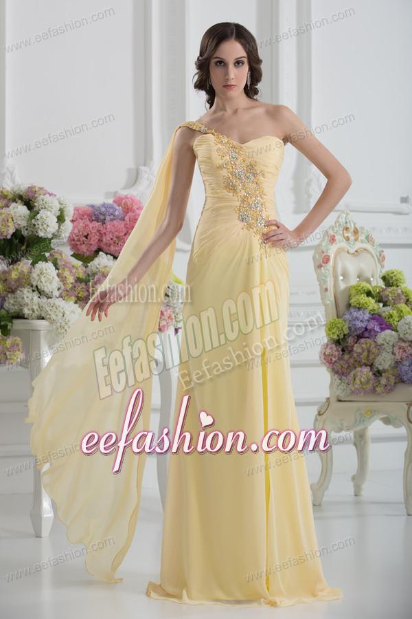 Bowknot Sweetheart Empire Watteau Train Prom Dress in Yellow