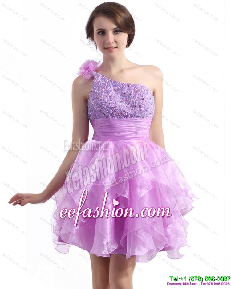 2015 One Shoulder Lilac Prom Dresses with Beading and Hand Made Flower