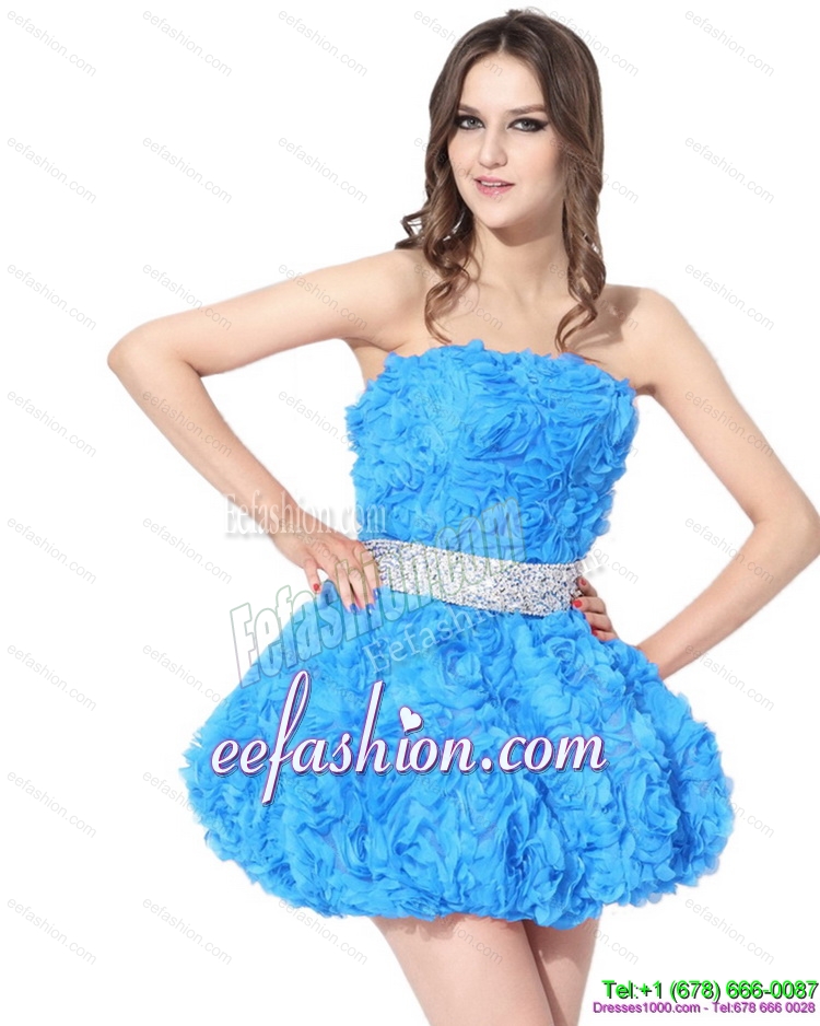 2015 Pretty Short Prom Dresses with Rolling Flowers and Beading