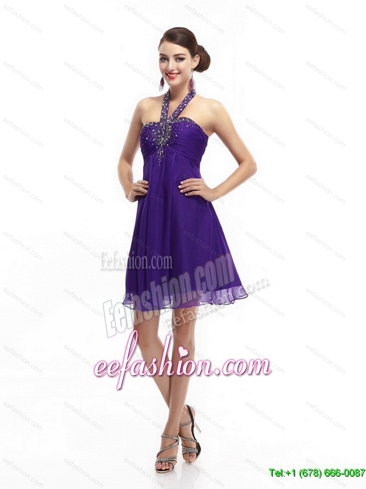 2015 Purple Beading Halter Top 2015 Prom Dresses with Ruching