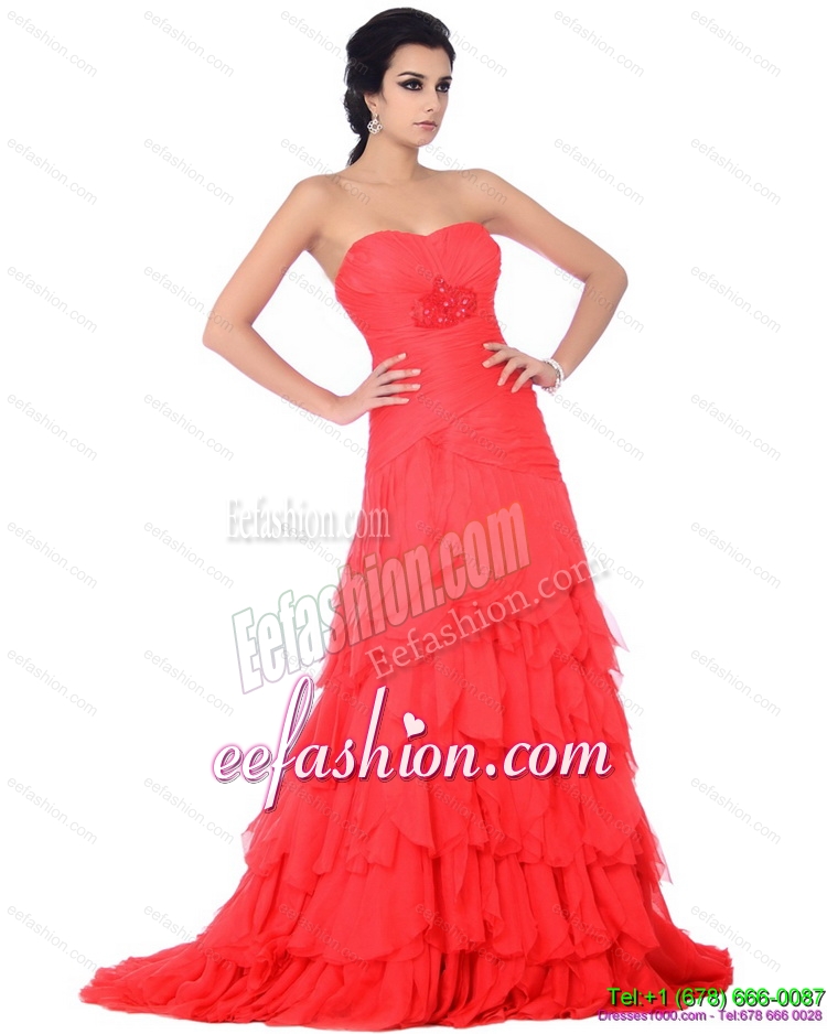 Fashionable Brush Train Prom Dresses with Ruffled Layers and Beading