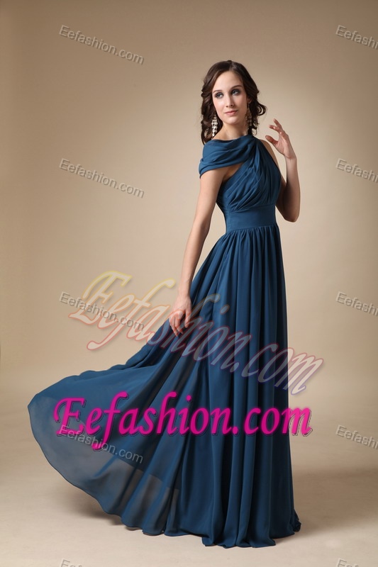 Navy Blue Empire Asymmetrical Red Carpet Dress with Ruche