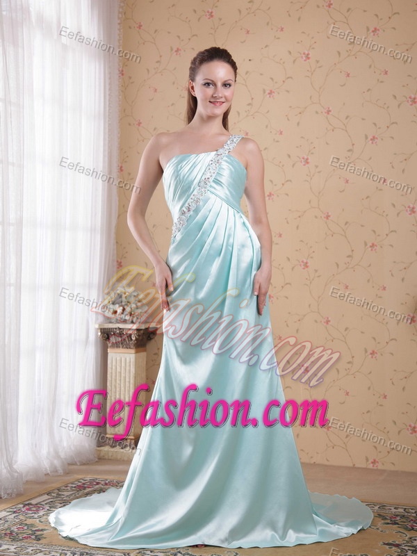 Light Blue Beaded One Shoulder Prom Celebrity Dress in Elastic Woven Satin