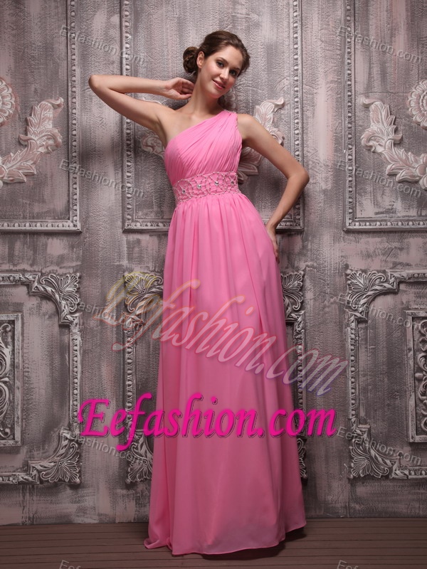 Rose Pink One Shoulder Long Chiffon Prom Celebrity Dress with Beading