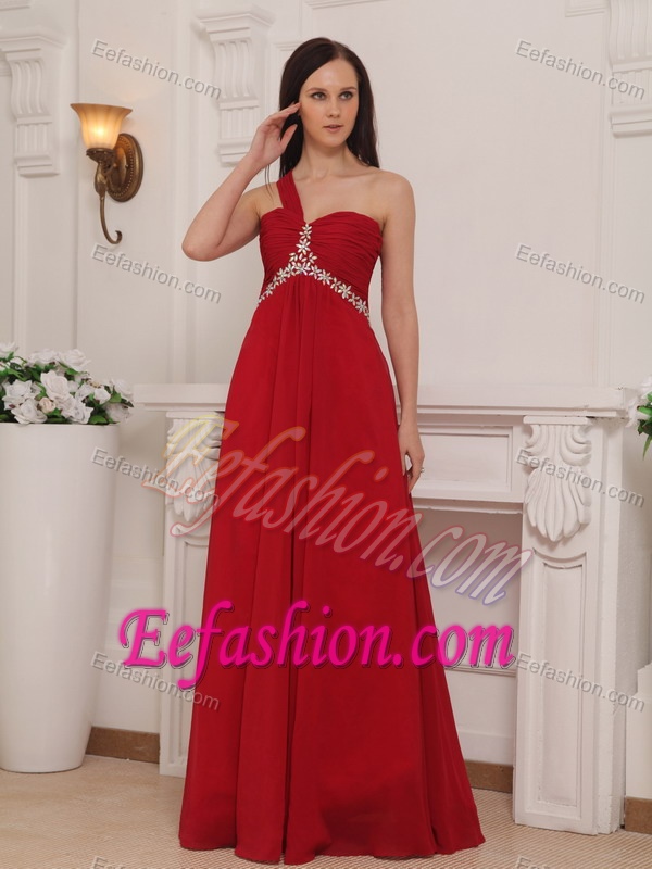 Red One Shoulder Long Chiffon Ruched Dress for Celebrity with Beading