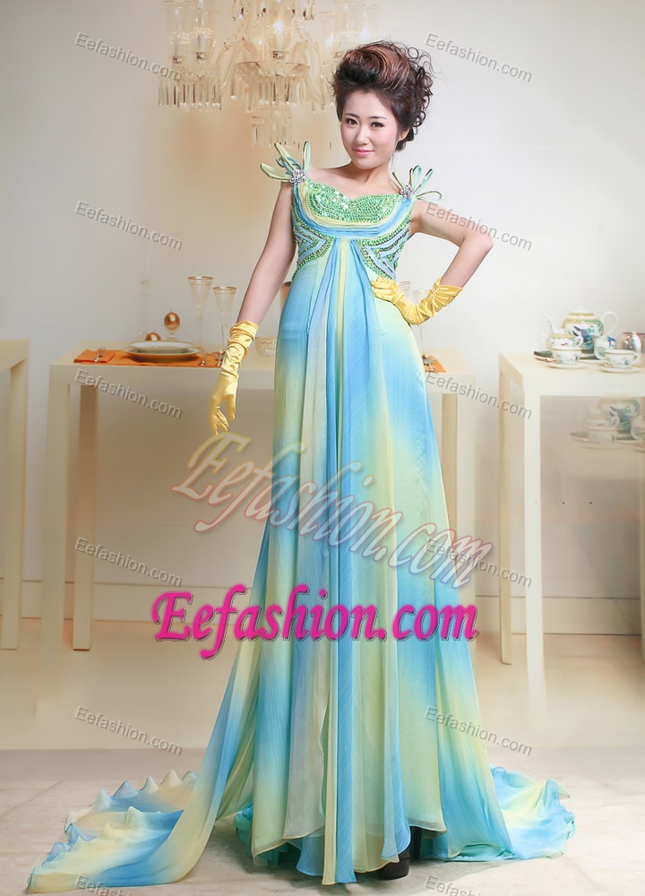Chiffon Bateau Ombre Color Dress for Celebrity with Beading Popular in 2013