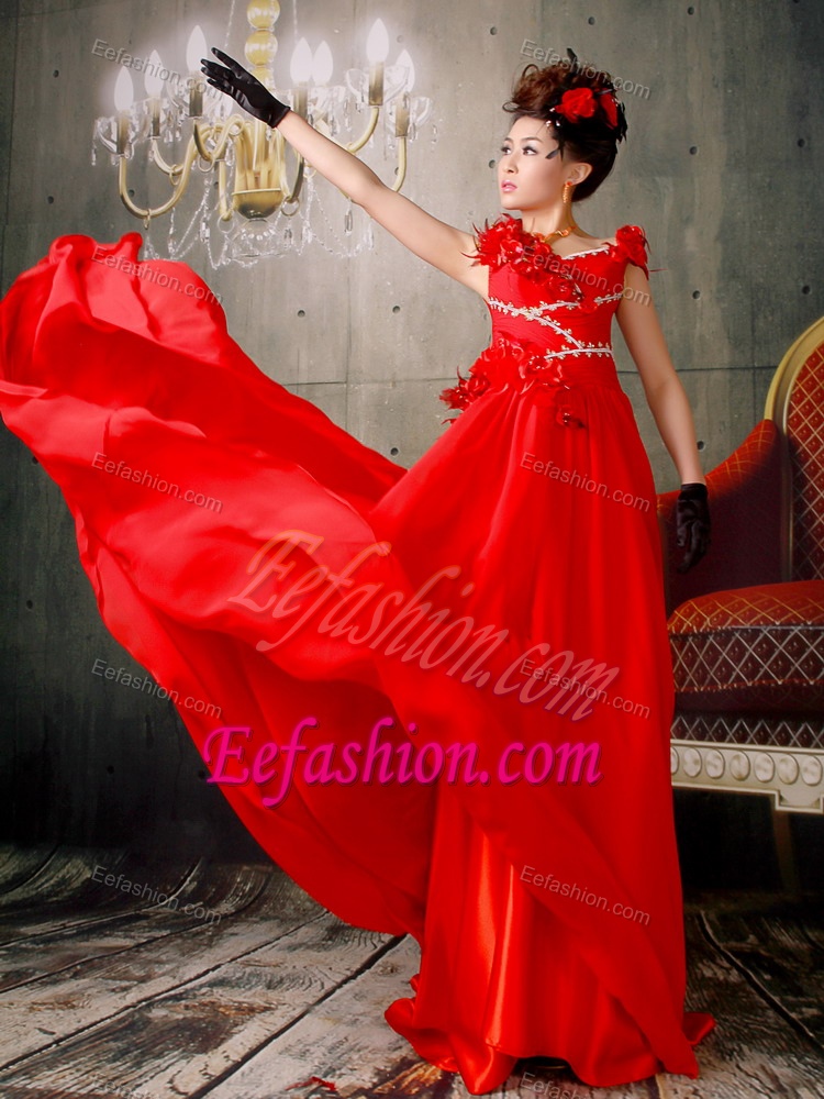 Attractive Red Chiffon Long Celebrity Dress with Appliques and Hand Flowers