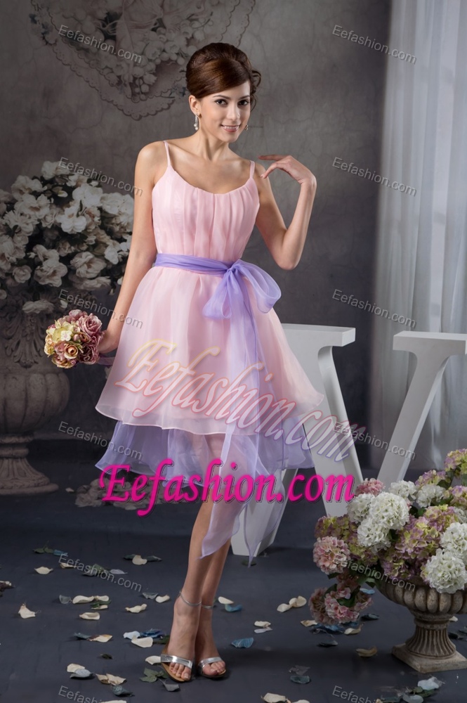 Baby Pink Spaghetti Straps Prom Celebrity Dress in Lavender with Bowknot
