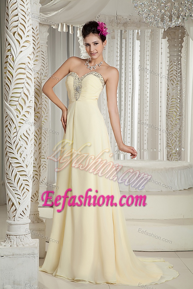 Light Yellow Sweetheart Brush Train Ruched Celebrity Party Dress with Beading
