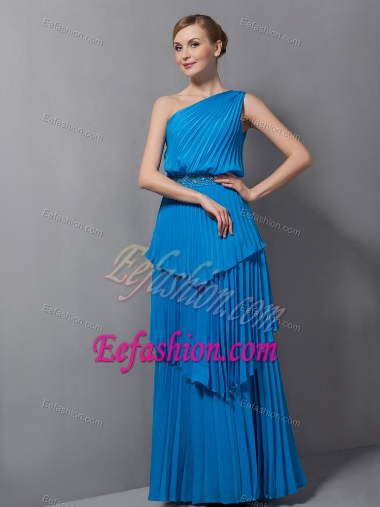 Simple Blue One Shoulder Mother Dress with Layers and Pleats on Promotion