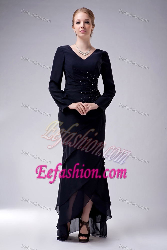 V-neck Chiffon Beaded Wedding Mother Dress with Long Sleeves and Layers