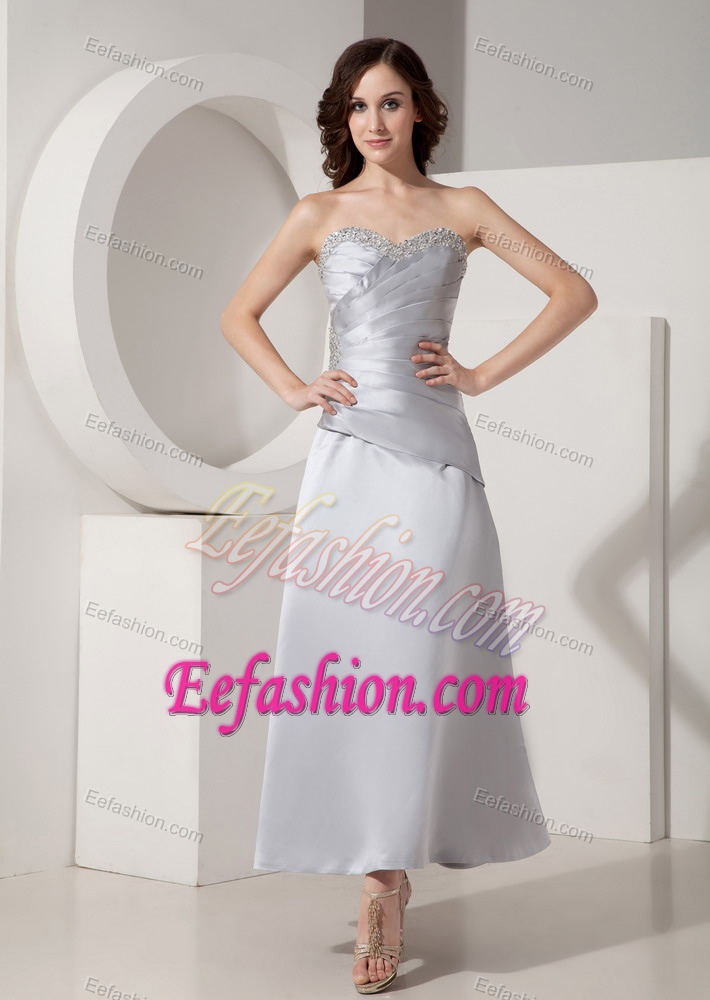 New Gray Sweetheart Ankle-length Ruched Mother of Bride Dress with Beading