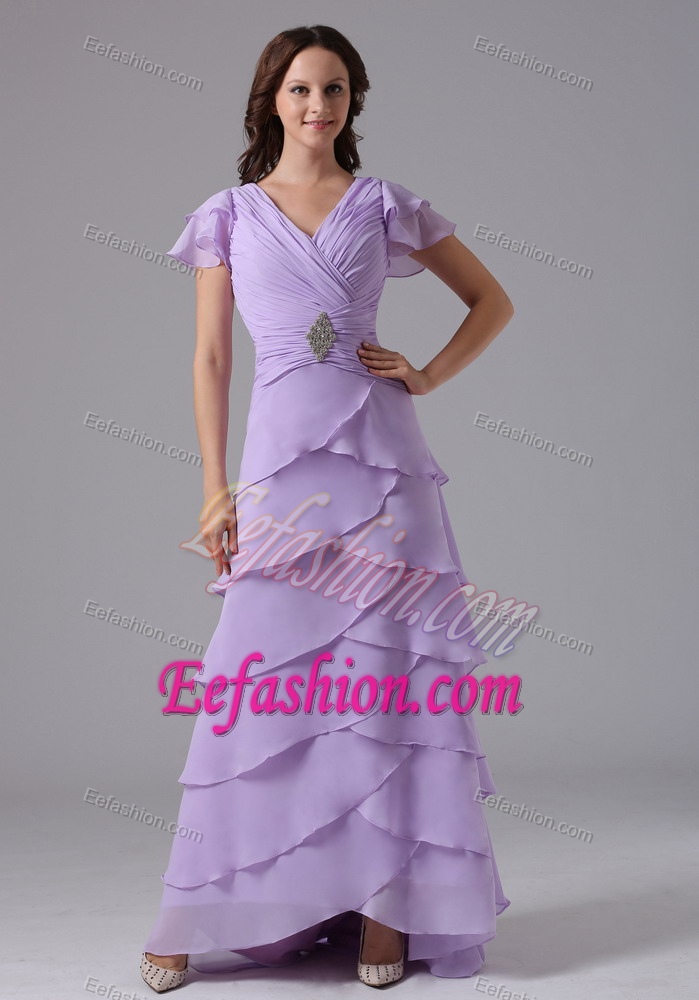 Lilac V-neck Long Ruched Layered Chiffon Mother Dresses for Wedding