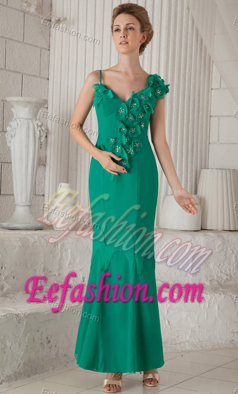 Asymmetrical Shoulder Ankle-length Turquoise Mother Bride Dress with Flowers