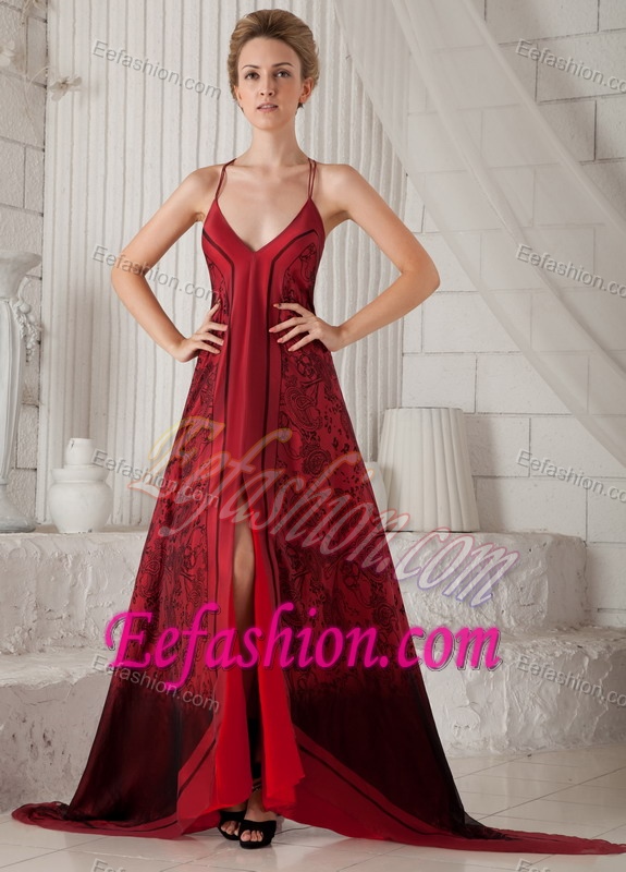 Best Spaghetti Straps Brush Train Wine Red Mother of Bride Dress with High Slit