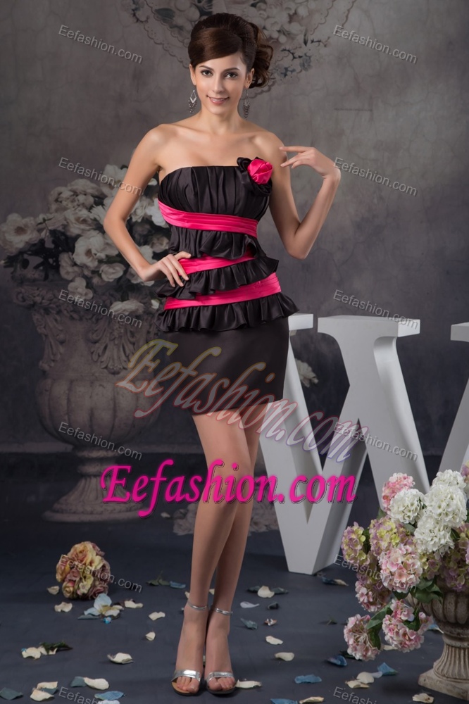 Strapless Mini-length Hot Pink and Black Mother of Bride Dresses with Ruching