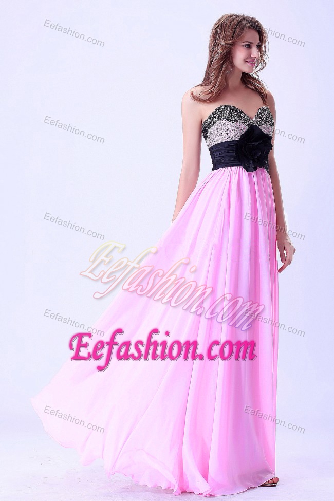 Pink and Black Sweetheart Beaded Prom Gown Dress with Flowers on Sale