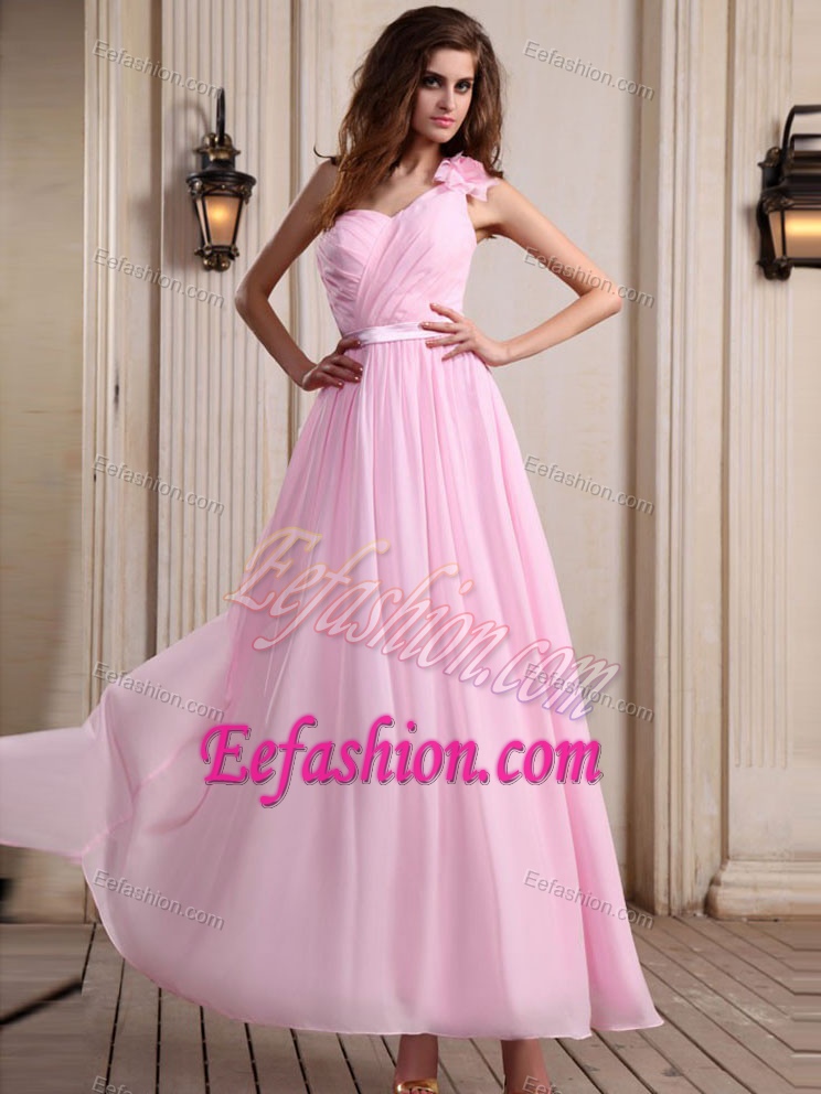 Nice Rose Pink One Shoulder Ankle-length Prom Gown Dress with Ruching
