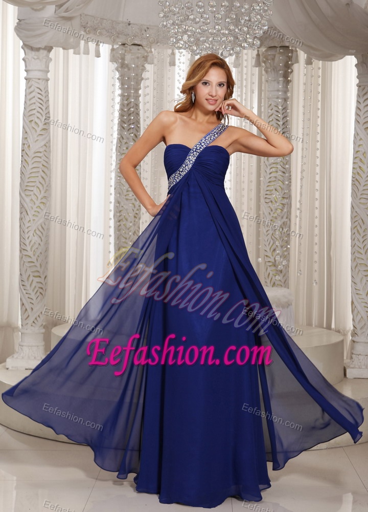 Cheap One Shoulder Navy Blue Empire Chiffon Prom Outfits with Beading