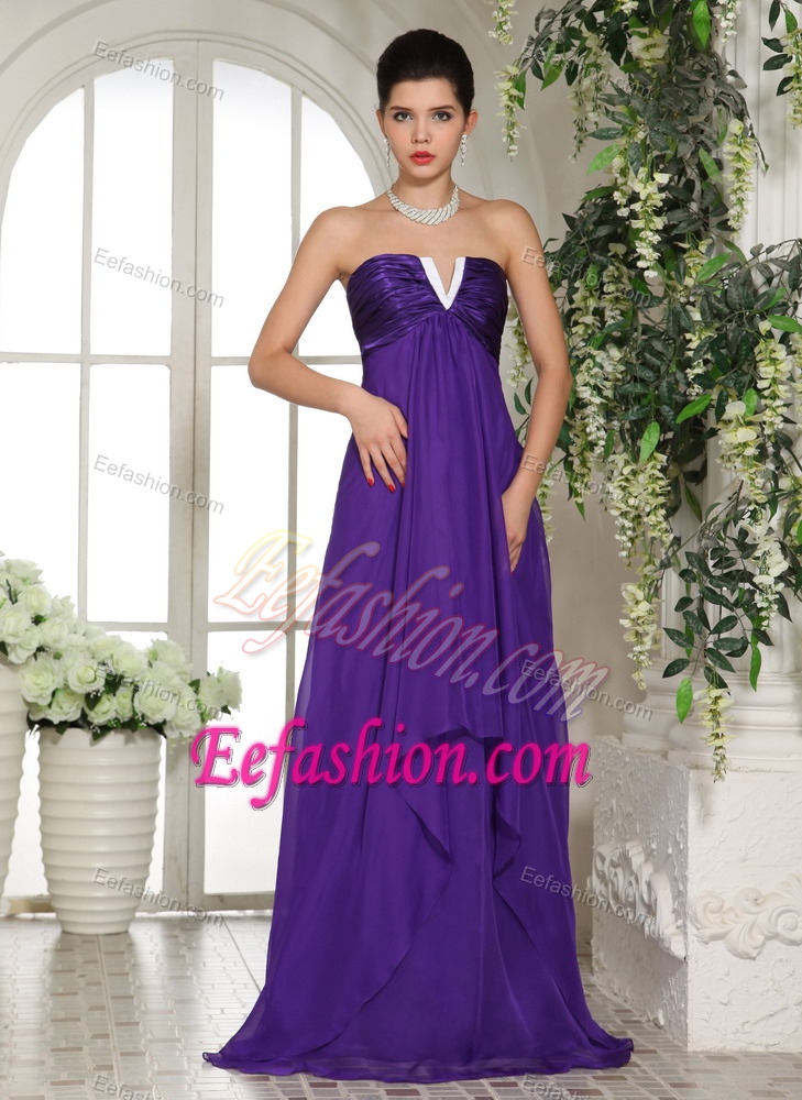 V-neck Eggplant Purple Chiffon Informal Prom Dress with Ruching on Sale