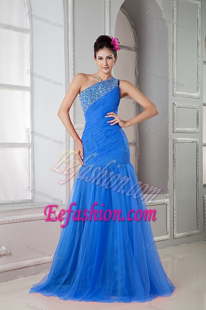 Mermaid Single Shoulder Prom Court Dresses in Blue with Beadings and Ruches