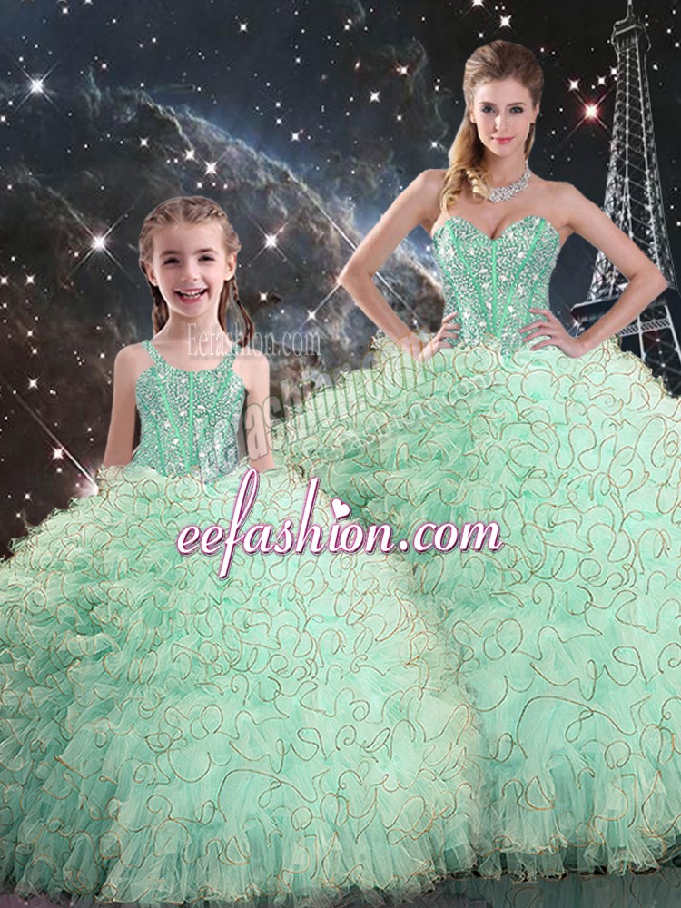 Glorious Apple Green Ball Gowns Beading and Ruffles Quinceanera Dresses Lace Up Organza Sleeveless Floor Length