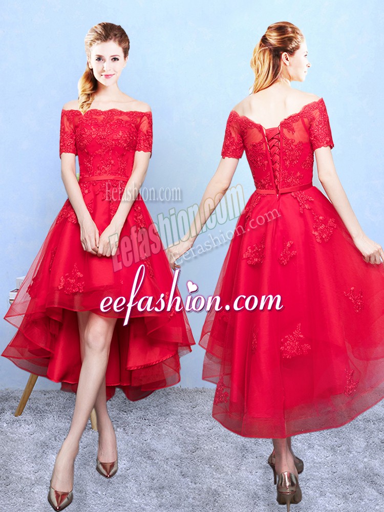 Sexy Wine Red Organza Lace Up Off The Shoulder Half Sleeves High Low Quinceanera Dama Dress Appliques