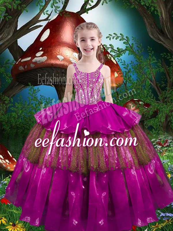  Fuchsia Lace Up Pageant Dress for Teens Beading and Ruffled Layers Sleeveless Floor Length