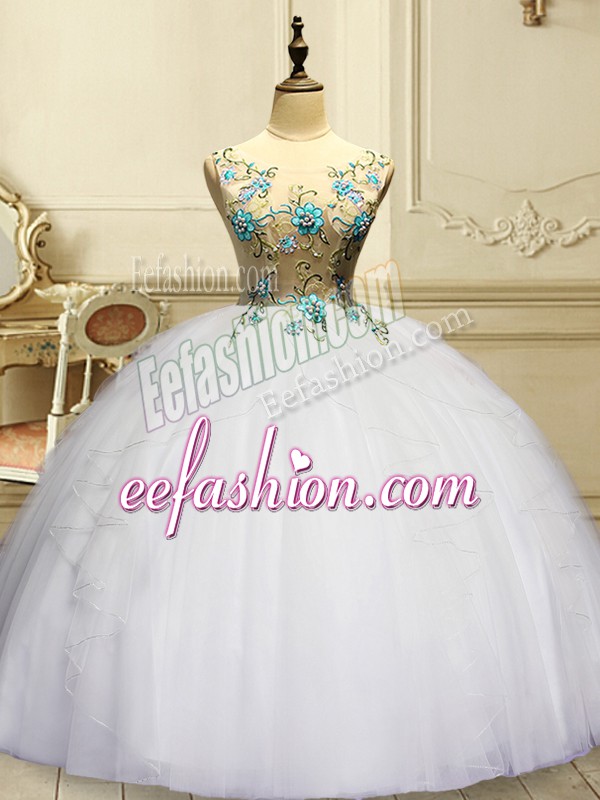  White Scoop Lace Up Appliques and Ruffles Quinceanera Dress Sleeveless