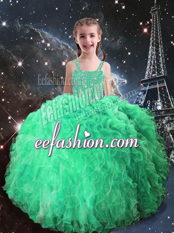  Apple Green Organza Lace Up Little Girls Pageant Gowns Sleeveless Floor Length Beading and Ruffles