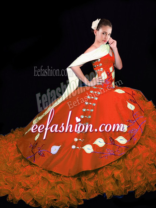  Sleeveless Embroidery and Ruffles Lace Up Ball Gown Prom Dress with Rust Red Brush Train