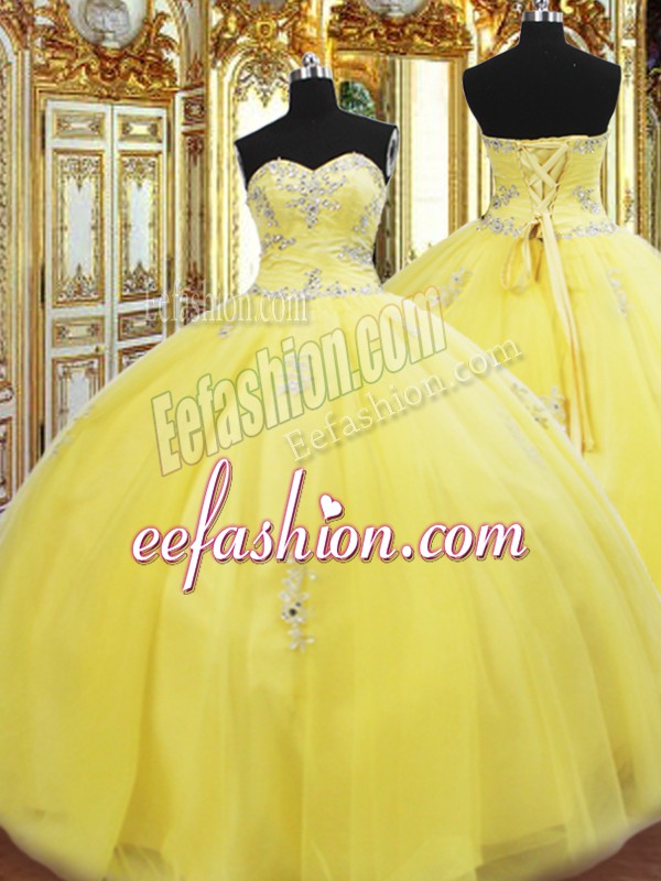 Dramatic Gold Lace Up Quinceanera Gown Beading and Appliques Sleeveless Floor Length