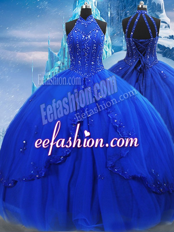 Smart Brush Train Ball Gowns Sweet 16 Dresses Royal Blue High-neck Tulle Sleeveless Lace Up
