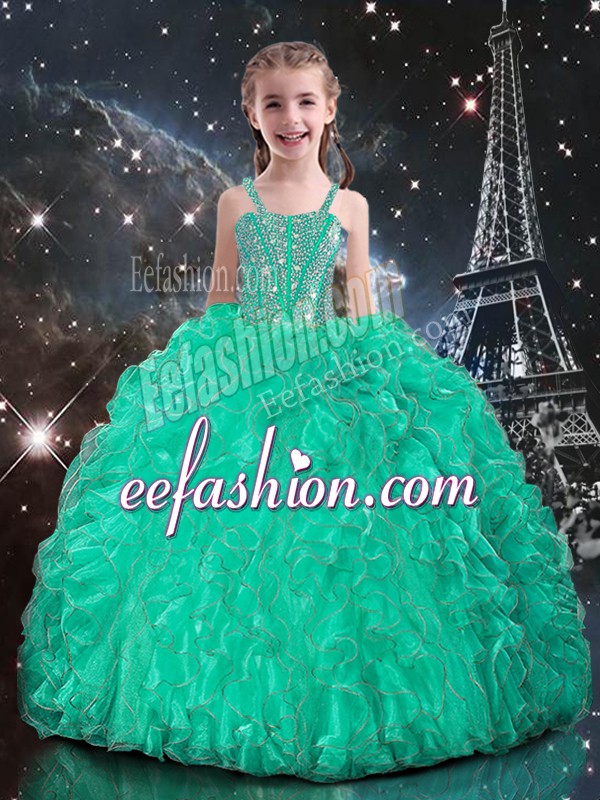 Organza Straps Sleeveless Lace Up Beading and Ruffles Pageant Dress for Teens in Turquoise