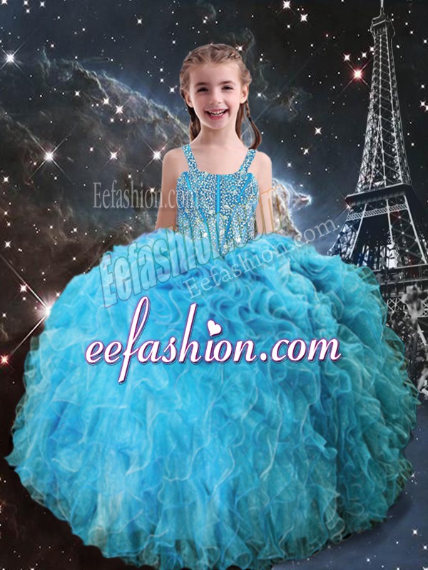  Ball Gowns Little Girl Pageant Dress Aqua Blue Straps Organza Sleeveless Floor Length Lace Up