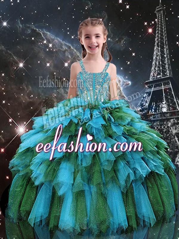 Pretty Floor Length Teal Child Pageant Dress Straps Sleeveless Lace Up