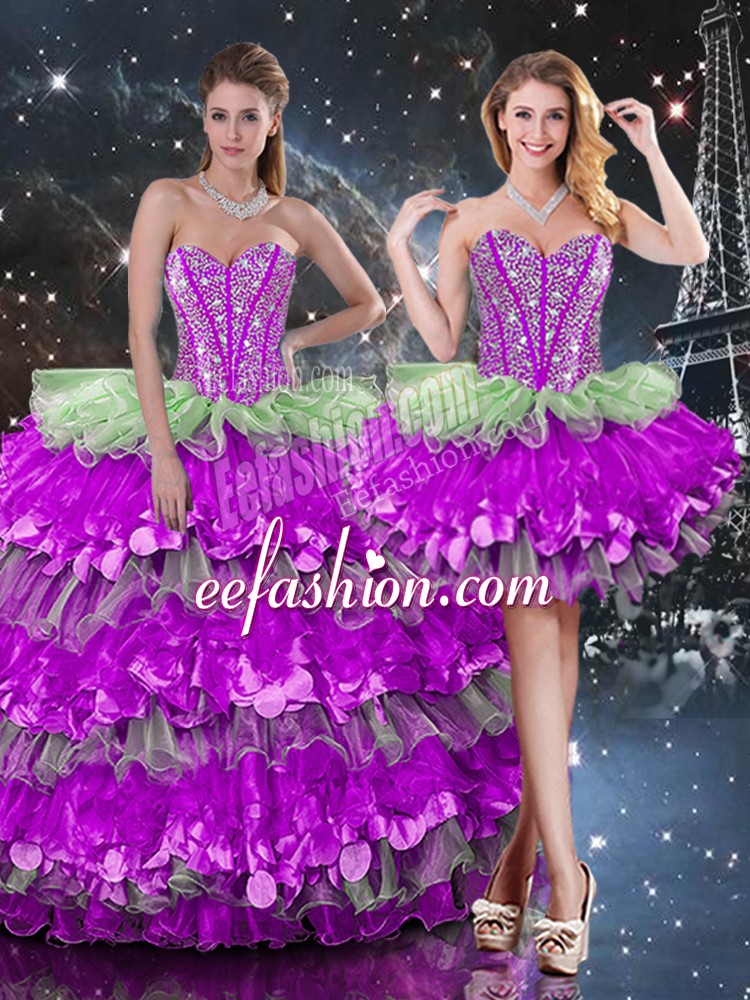  Multi-color Organza Lace Up Sweetheart Sleeveless Floor Length Sweet 16 Quinceanera Dress Beading and Ruffles and Ruffled Layers
