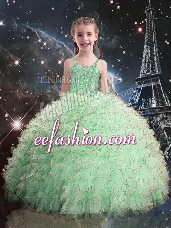  Sleeveless Organza Floor Length Lace Up Pageant Gowns in Apple Green with Beading and Ruffles